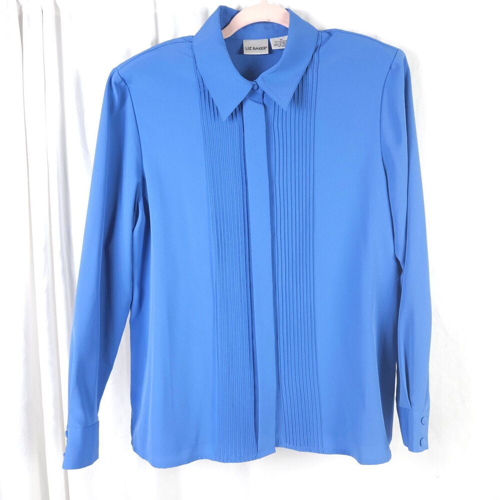 Liz Baker Vintage Blue Pleated Long Sleeve Button Up Blouse Womens 14‎